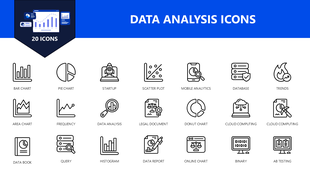 Data Analysis Icons set with 20 outlined symbols like charts, trends, reports, queries, and mobile analytics.