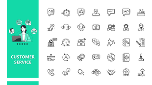 Customer Service Icons set showing support tools, agents, chat, headset, and feedback on a teal theme.          Ask ChatGPT