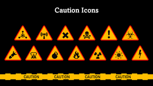 Caution Icons in red-yellow triangles showing fire, biohazard, radiation, virus, electric, and gas risks.