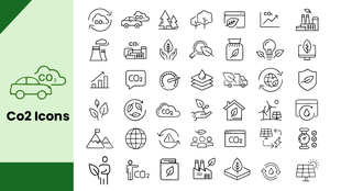 Co2 Icons with trees, cars, charts, leaves, and factory symbols in line style for eco and emission visuals.