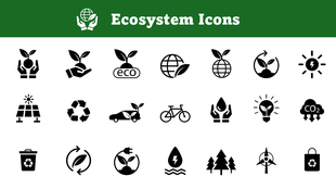Ecosystem Icons featuring eco cars, plants, recycle bins, solar panels, and green energy in bold black style.