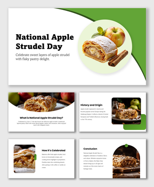 National Apple Strudel Day slide with apple strudel, cinnamon, green design, and celebration info.