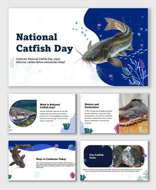 National Catfish Day slide with catfish dish, bold title, orange tones, food icons, and rounded text and shape layout.