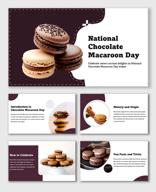 National Chocolate Macaroon Day slide with chocolate macaroons, maroon-white theme, and celebration tips.
