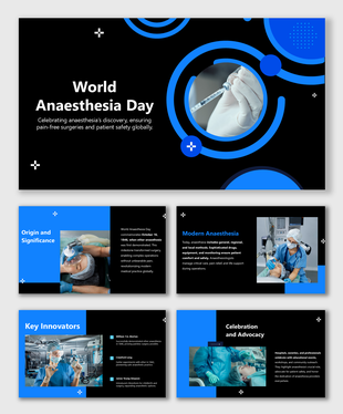 World Anaesthesia Day slides with syringe, doctors, surgery visuals, blue-black theme, and medical icons.