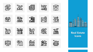 Real Estate Icons set with house, map, contract, key, rent, and city symbols on gray tiles and blue panel.
