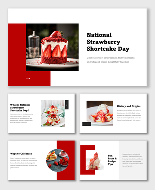 National Strawberry Shortcake Day slide with red cake, white layout, dessert facts, history, tips, and images.