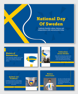 National Day Of Sweden slides with blue-yellow theme, flags, culture icons, and celebration visuals.
