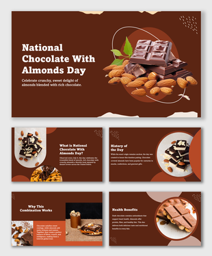 National Chocolate With Almonds Day slides with chocolate, almonds, brown-orange shapes, and text holders.