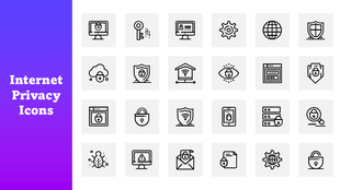Internet Privacy Icons: locks, shields, bugs on white tiles, purple gradient side panel with white text.