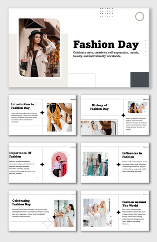 Fashion Day slides with stylish women, white background, black text, tan-gray shapes, and dotted accents.