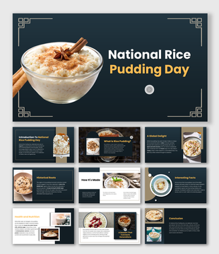 National Rice Pudding Day slides with pudding bowls, dark blue-gold theme, white text, and modern frames.