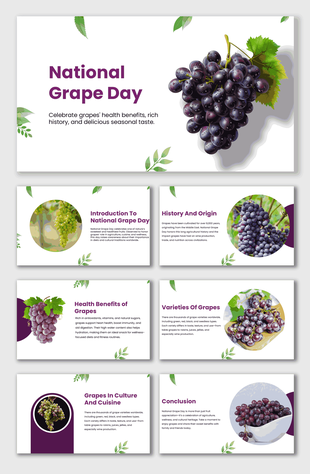 National Grape Day slides with purple grapes, green leaves, circle shapes, and text holders.