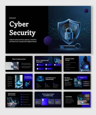 Animated Cyber Security slides with dark theme, shield and lock icons, covering threats, tools, and safety tips.