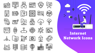 Internet Network Icons with servers, cloud, VPN, WiFi, circuits on purple gradient slide with text box.
