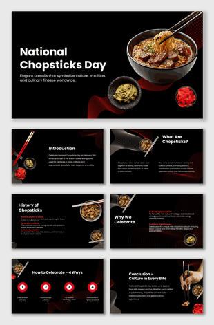 National Chopsticks Day slides with noodles, chopsticks, food bowls, red-black theme, cultural text holders.