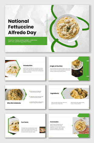 National Fettuccine Alfredo Day slides with pasta bowls, green theme, hexagon shapes, text holders.