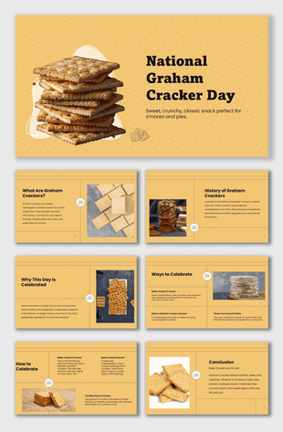National Graham Cracker Day slides with cracker stacks, yellow theme, food visuals, text holders.