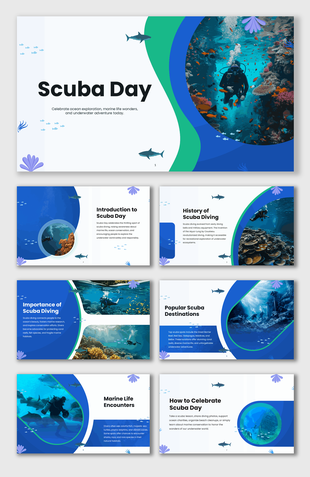 Scuba Day slides with divers, coral reefs, marine life visuals, blue-green theme, wavy shapes, and text boxes.