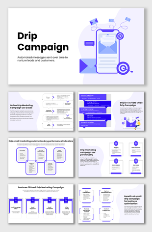 Drip Campaign slides with email icons, phone graphic, purple-blue theme, flowcharts, and text holders.