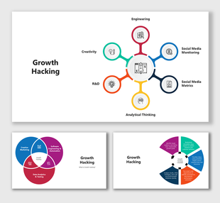 Growth Hacking slides with rocket icon, colorful circular diagrams, Venn charts, and text holders.