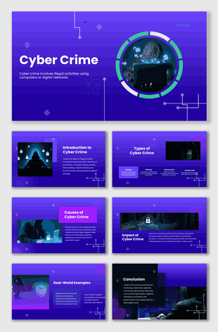 Cyber Crime slides with hacker visuals, lock icons, causes, impacts, and real-world cases in purple theme.