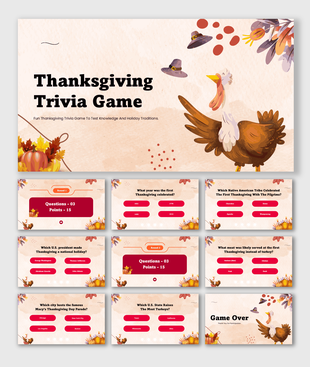 Thanksgiving Trivia Game slides with turkey, pumpkins, quiz rounds, and festive fall-themed designs.