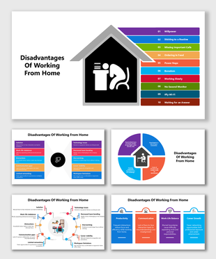 Disadvantages Of Working from Home slides with house icon, colorful charts, infographics, text holders, and shapes.