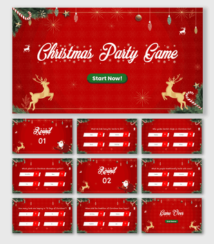 Christmas Party Game slides with red festive background, reindeer, Santa, ornaments, and trivia quiz rounds.