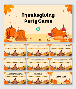 Thanksgiving Party Game slides with turkey, pumpkins, pies, quiz questions, fall leaves, and festive colors.