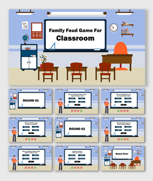 Family Feud Game For Classroom slides with whiteboard, desks, quiz questions, and cartoon teacher.