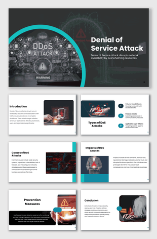 Denial of Service Attack slides with teal shapes, red warning icons, dark theme, text holders, Navratri Story.