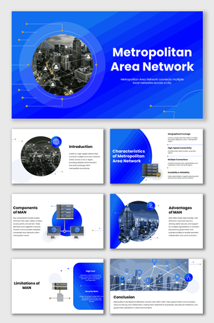 Metropolitan Area Network slides with blue gradients, city visuals, icons, circular shapes, gold dots, and text holders.