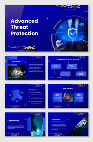 Advanced Threat Protection slides with blue background, security icons, yellow accents, and flow diagrams.