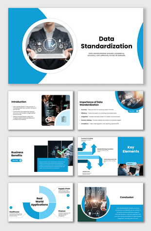 Data Standardization slides with blue-white theme, icons, charts, arrows, shapes, images, and text holders.