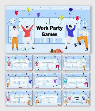 Work Party Games slides with blue theme, balloons, confetti, dancing people, Q&A blocks, shapes, and text holders.