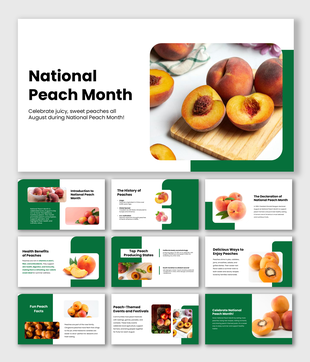 National Peach Month slides with peach images, green theme, history, health tips, fun facts, recipes, and text holders.