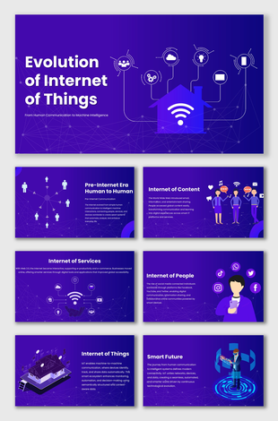 Evolution Of Internet Of Things with smart devices, network icons, and purple tech background showing digital connectivity.