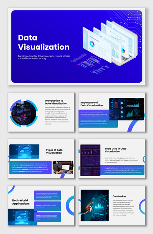 Data Visualization with charts, graphs, laptop screens, blue gradient design, and text holders.