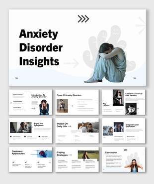Anxiety Disorder Insights with sad woman, gray-white theme, text boxes, and therapy-related visuals.