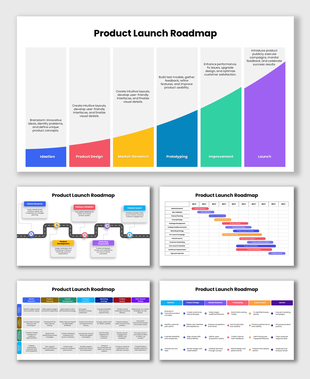 Product Launch Roadmap PPT showing ideation, design, research, prototyping, improvement, and launch milestones.