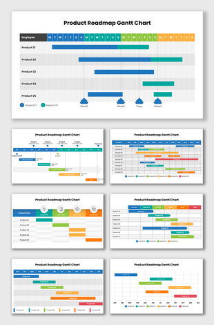 Product Roadmap Gantt Chart PPT showing multi-product timelines, color bars, milestones, weeks, and task progress.