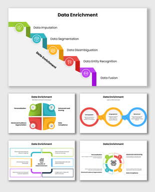 Data Enrichment steps with colored blocks showing imputation, segmentation, disambiguation, recognition, and fusion.
