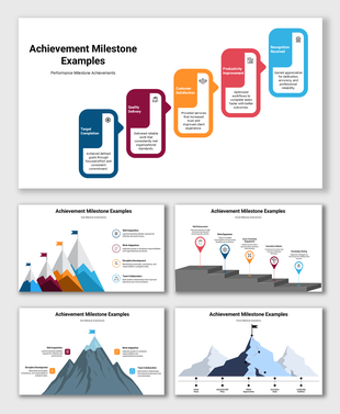 Achievement milestone slides illustrating target completion, customer satisfaction, and productivity improvement.