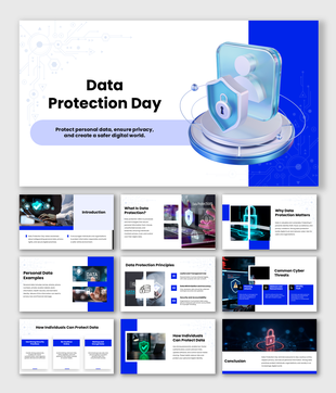 Data Protection Day slides with shield icons, digital padlocks, principles, cyber threats, privacy tips, and security.