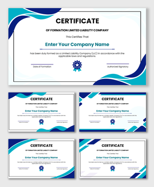 LLC formation certificate with blue wave borders, company name placeholder, formation date field, and authorized signatory.