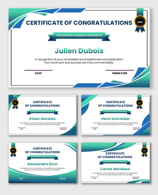 Green and blue congratulations certificate with ribbon badge, bold title, recipient name, message, date and signature areas.