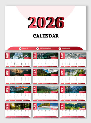 2026 yearly calendar with monthly landscape photos, red layout, clear date grids, and contact details at the bottom.