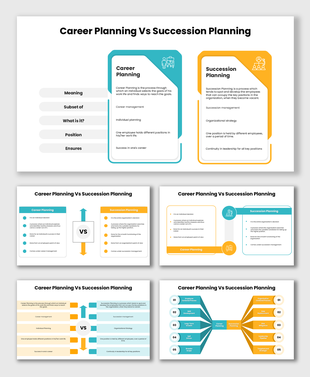 Career Planning vs Succession Planning slide comparing meaning, scope, roles, outcomes with icons and charts !