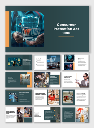 Consumer Protection Act 1986 slides showing shopping cart, shield icon, consumer rights, duties, disputes and remedies.